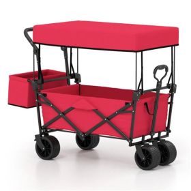 Foldable Utility Wagon,Adjustable Handle Outdoor Wagon, Puncture-Proof Wheels with Brakes, Removable Bag & Side Pockets-Red (Option: Defaulttitle)